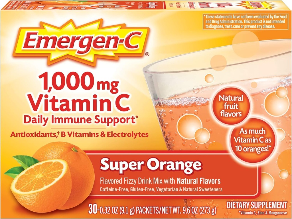 Emergen-C 1000mg Vitamin C Pulver für tägliche Immununterstützung Koffeinfreie Vitamin C Ergänzungen mit Zink und Mangan, Super Orange Flavor - 30 Count