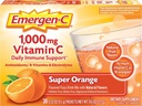 Emergen-C 1000mg Poudre de vitamine C pour le soutien quotidien de l'immunité Suppléments de vitamine C sans caféine avec le zinc et le manganèse, Super Orange Flavor - 30 Compte