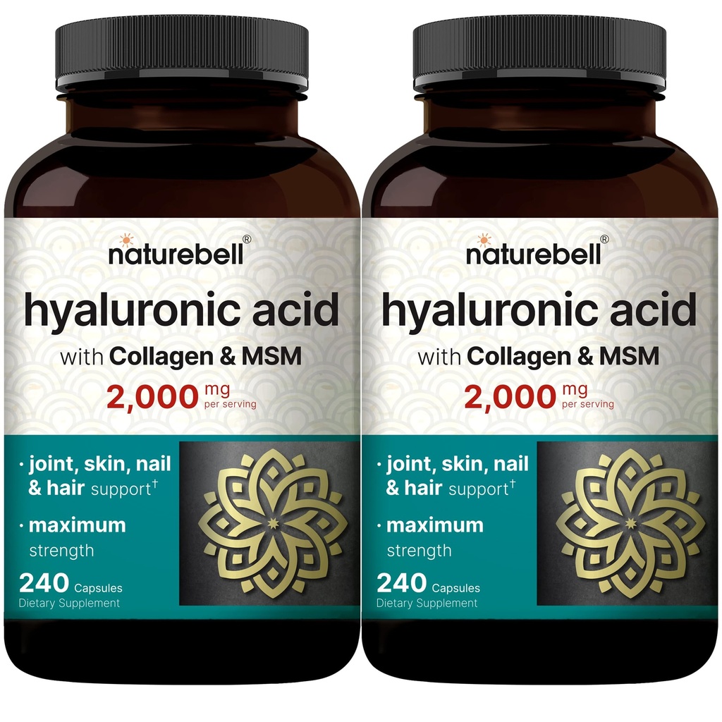NatureBell 2 Pack Acides Hyaluronique Suppléments 2 000 mg 480 Capsules totales, avec MSM et collagène bovin hydrolysé – 3 en 1 Support pour l'hydratation de la peau, la lubrification articulaire, les cheveux et la santé des yeux