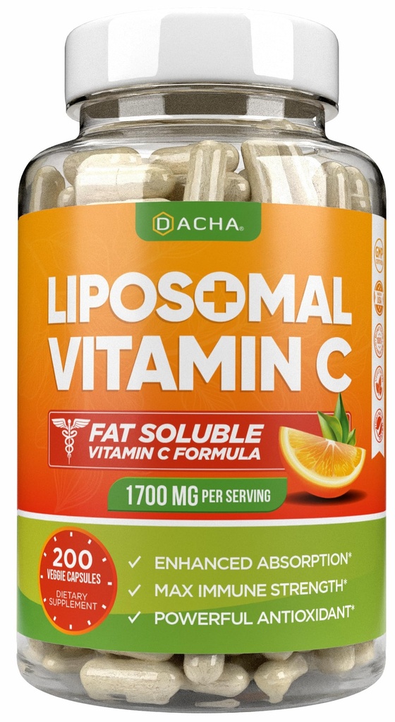 DACHA Vitamine liposomique naturelle C - 1700mg, 200 Capsules, Système immunitaire et collagène Booster, Fat haute absorption VIT soluble C, Buffered, Vitamines de la peau, Végétérien, Végétalien