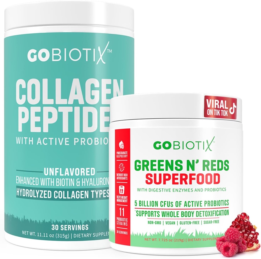 GOBIOTIX Super Greens & Collagen Bundle - Vitalität Boost mit Bio Spirulina & Hair-Skin-Nails Unterstützung - 30 Servierungen