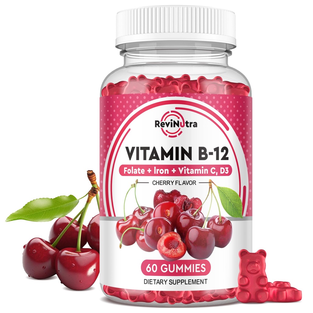 Vitamin B12 Gummie - 5000 mcg Methylcobalamin mit Eisen, Vitamin C, D3 & Folat, Energieunterstützung und Stoffwechsel, Immune, B-12 Complex Chewable Supplement für Männer & Frauen, Vegan- 60 Count