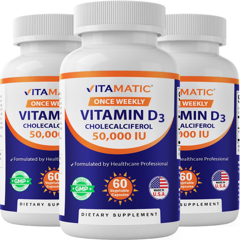 Vitamatic 3 Pack Vitamin D3 50.000 IU (als Cholecalciferol), Einmal wöchentlich Dose, 1250 mcg, 60 Veggie Kapseln 1 Jahr Versorgung, Progressive Formel helfen Vitamin D Defizite