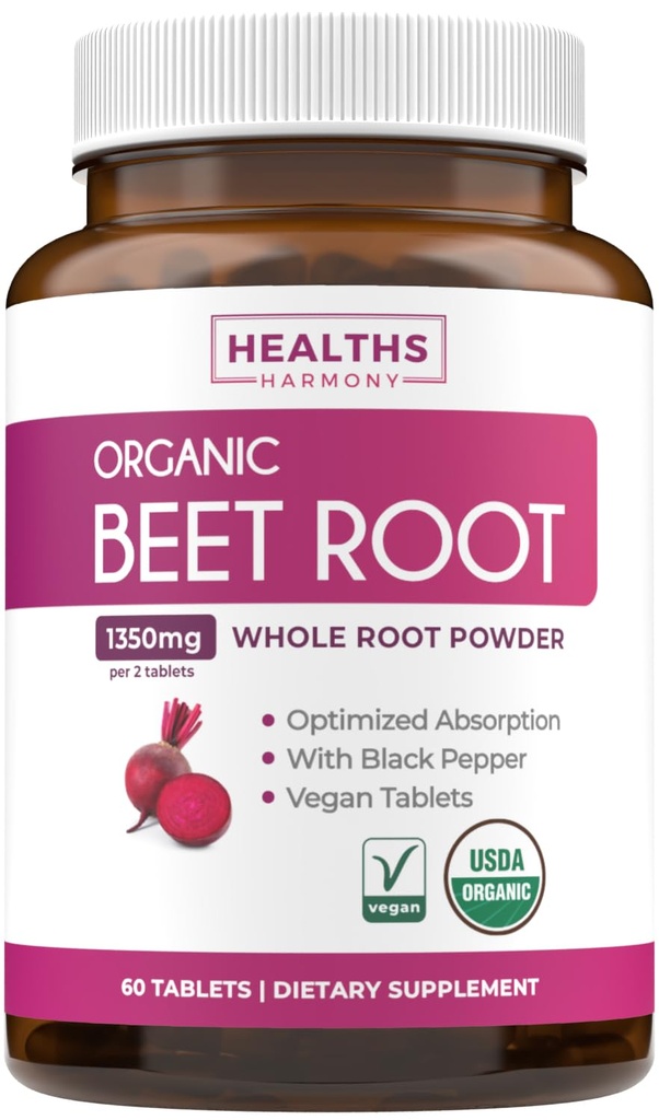 USDA poudre de racine de betterave biologique (60 comprimés) 1350mg betteraves par portion avec poivre noir pour l'absorption supplémentaire - Super antioxydant et supplément de nitrate pour la performance athlétique et Stamine- Pas de capsules