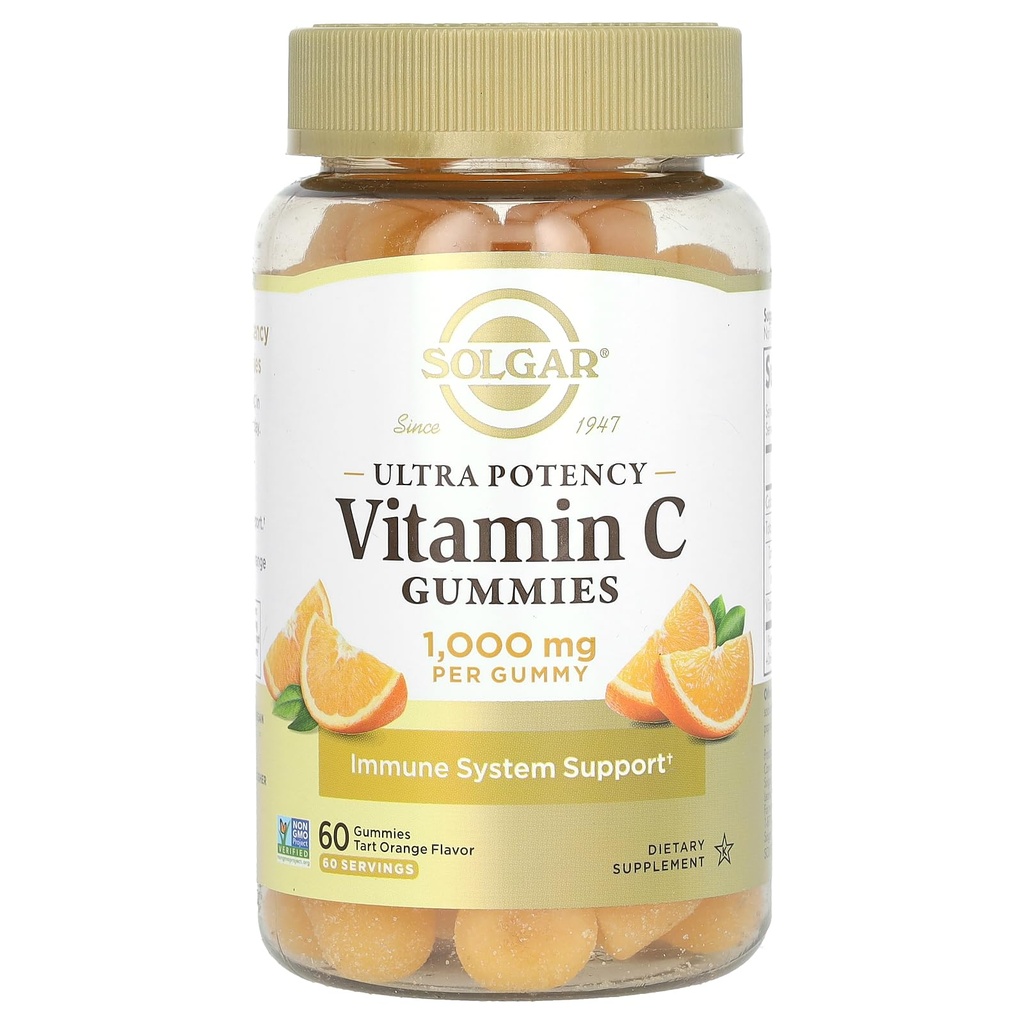 Solgar Vitamine C Gummies pour adultes 1000mg Ultra Potency Vitamine C Immune System Support pour les femmes et les hommes - Taste Tart Orange Saveur, Gummy végétalien et sans gluten, 2 mois d'approvisionnement, 60 portions, 2g de sucre