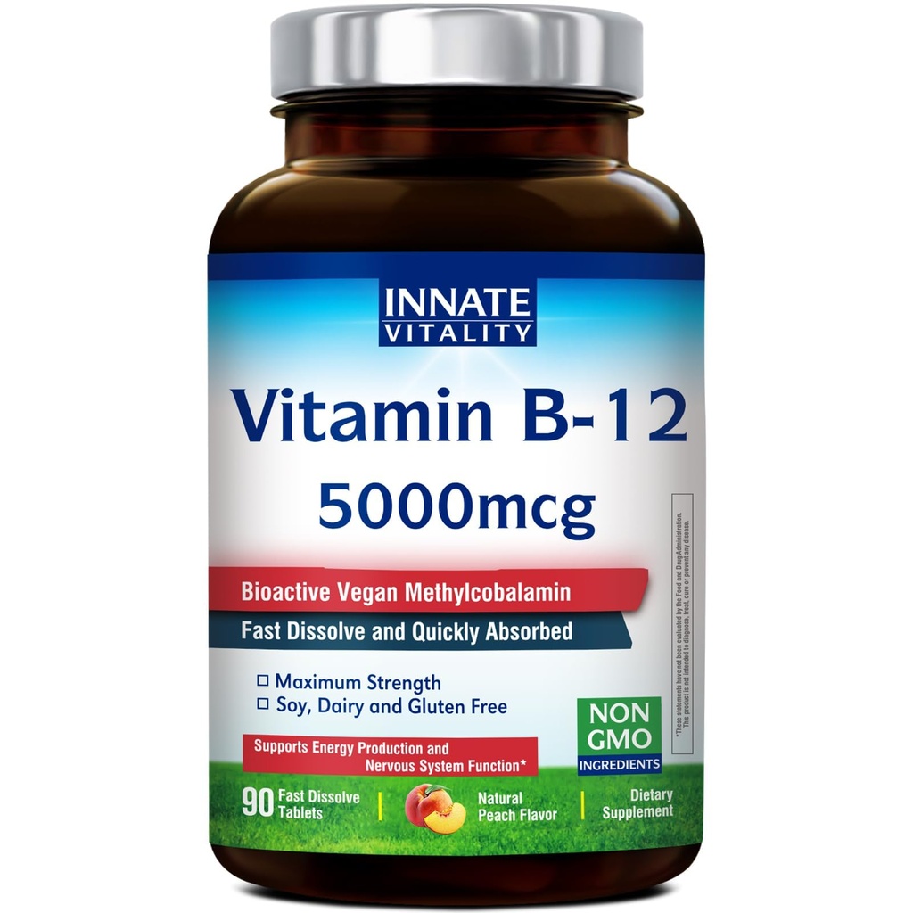 Vitalité innée Vitamine B12 5000mcg, Sublingual, Méthylcobalamine végane, Comprimés à dissolution rapide, Saveur de pêche naturelle, soutient la production d'énergie et système nerveux sain, 90 Comprimés
