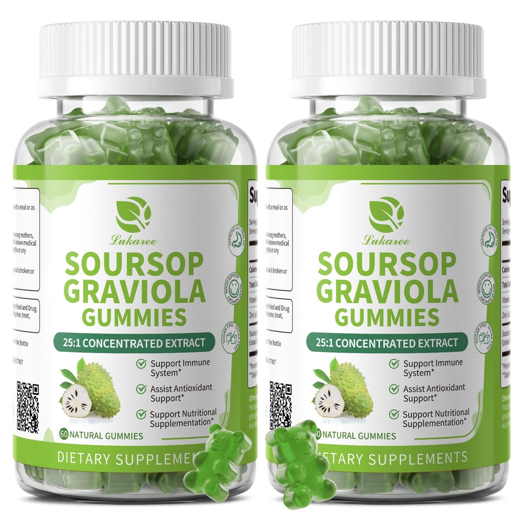 (2 Pack) Soursop Graviola Gummi - Soursop Blätter Extrakt w/Vitamin C, Zink & Ganze natürliche Nahrung für Immunität, Leber, Zzz & Antioxidans, Glutenfrei, Vegan, 120 Gummies