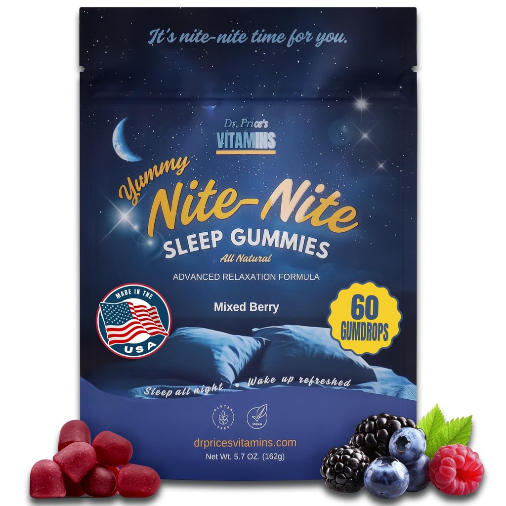 Dr Price Sleep Gummies for Adults – 3mg Melatonine, L-Theanine, GABA et mélange à base de plantes – Mélange d'arômes de baies, aide au sommeil sans gluten – 60 Nombre