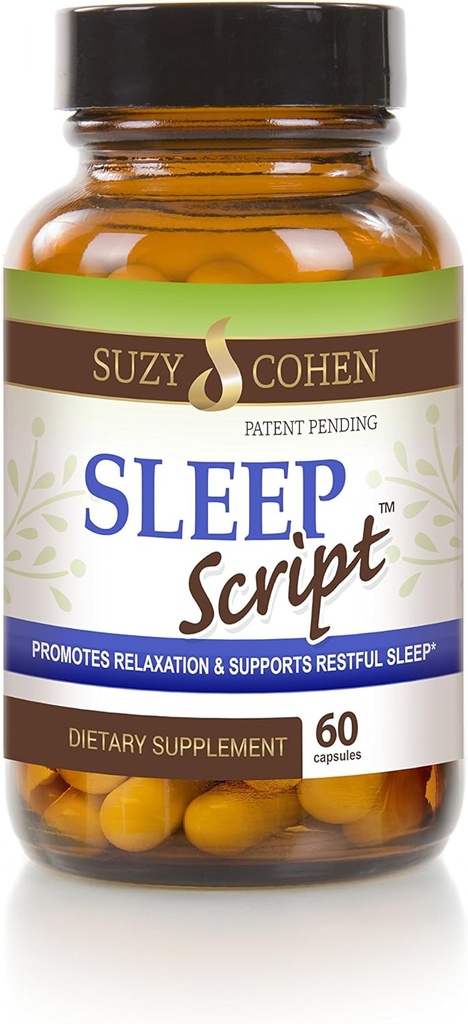 Suzy Cohen Sleep Script mit Melatonin - Botanische Schlaf- und Relaxationsformel für Erwachsene für Stimmung, Stress und Schlaf, Enthält 5-HTP, L-theanine, Passionflower, Lemon Balm und GABA 60 Kapseln.