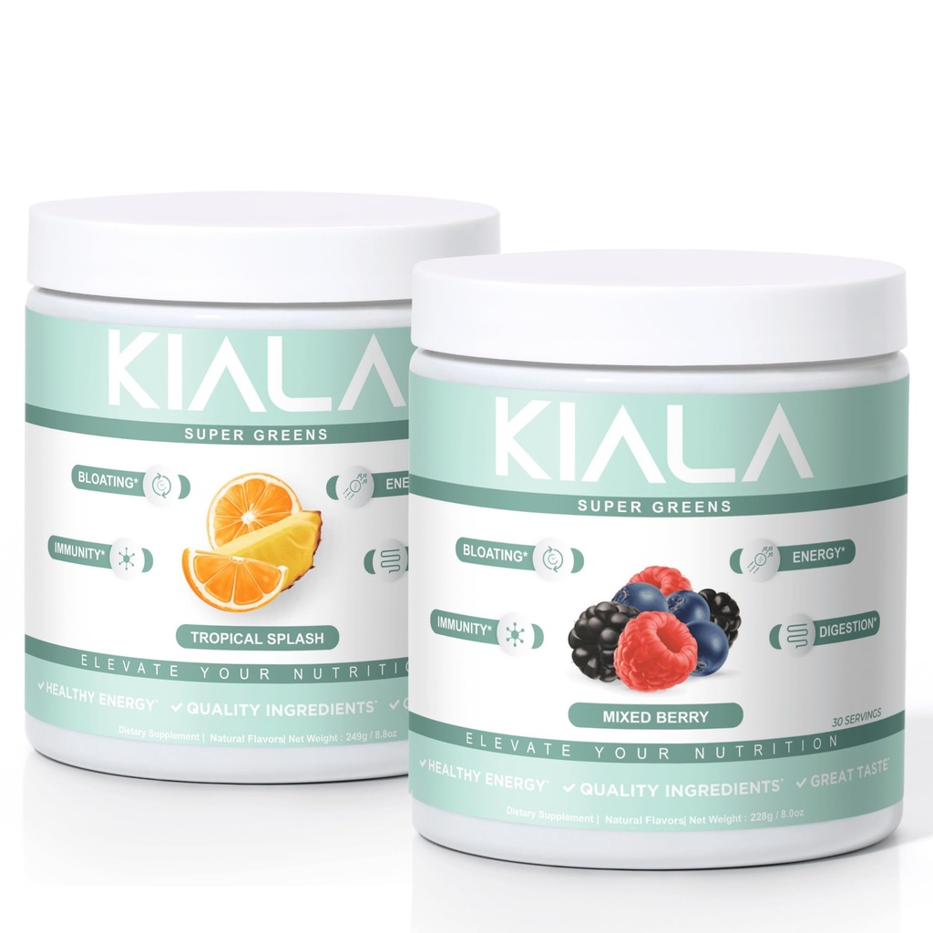 Kiala Nutrition Super Greens, Bio Greens Powder, Spirulina & Chlorella Superfood Powder, Sugar & Gluten Free Vegan, Spectra Blend, Tropical Slush, Mixed Berry 2 Pack