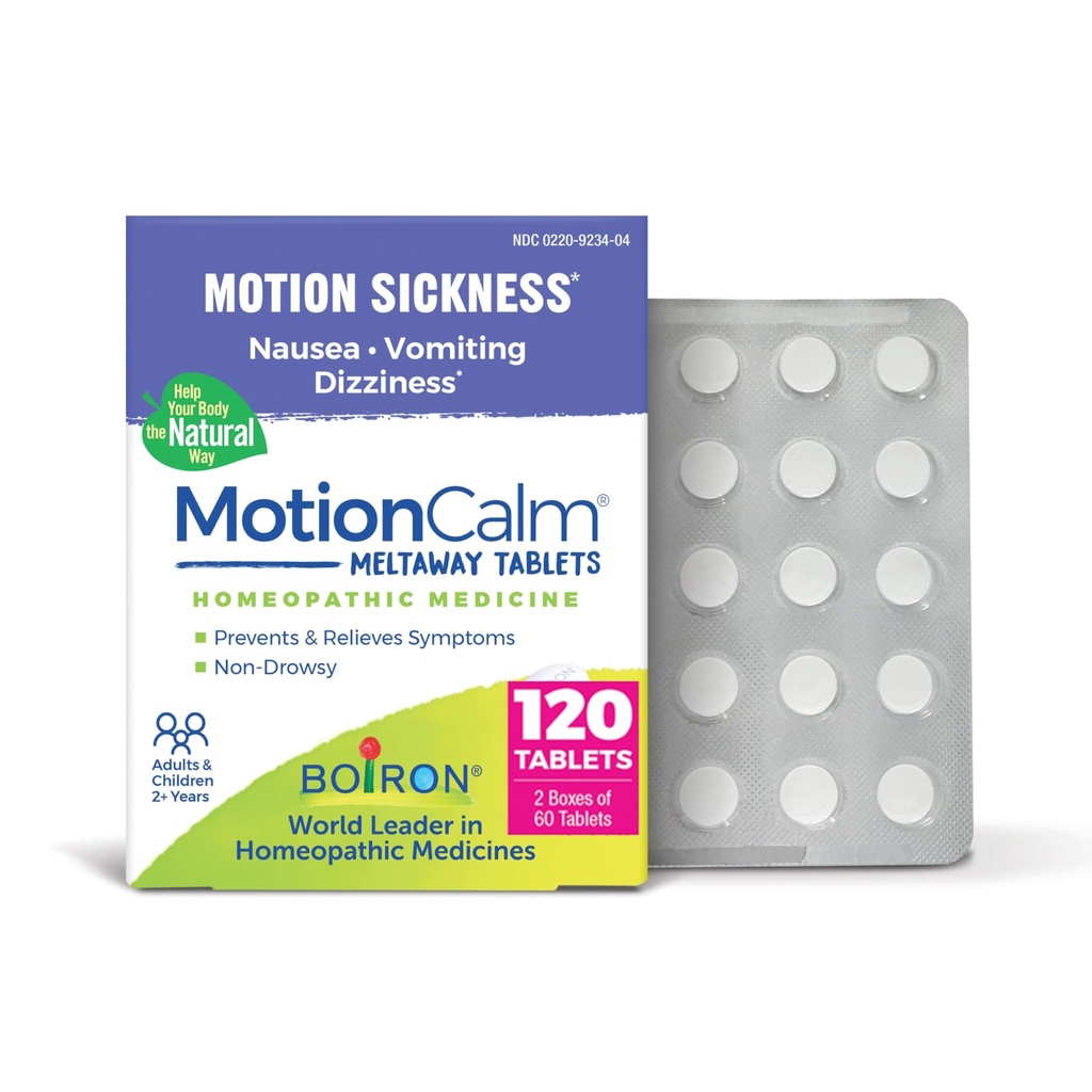Boiron MotionCalm Relief for Nausea, Vomiting, or Dizziness from Motion Sickness, Carsickness, Seasickness, Amusement Rides, and Video Games or VR - Non-Drowsy - 120 Count (2 Pack of 60)