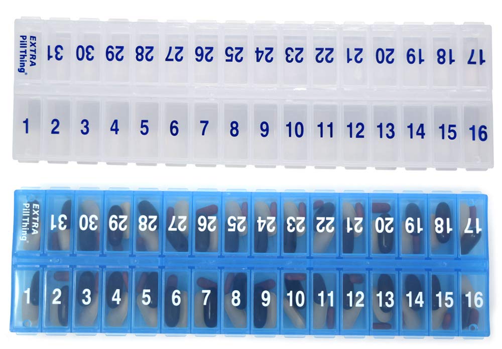 AM PM 31 Tag Einmal-Tag Monatliche Pille Planer Organizer - Großes Zubehör Pillen Boxes Store Medikamente für ganz Month Plus-Komponente für zusätzliche Pillen (AM/PM Clear & Blue) BPA Kostenlos