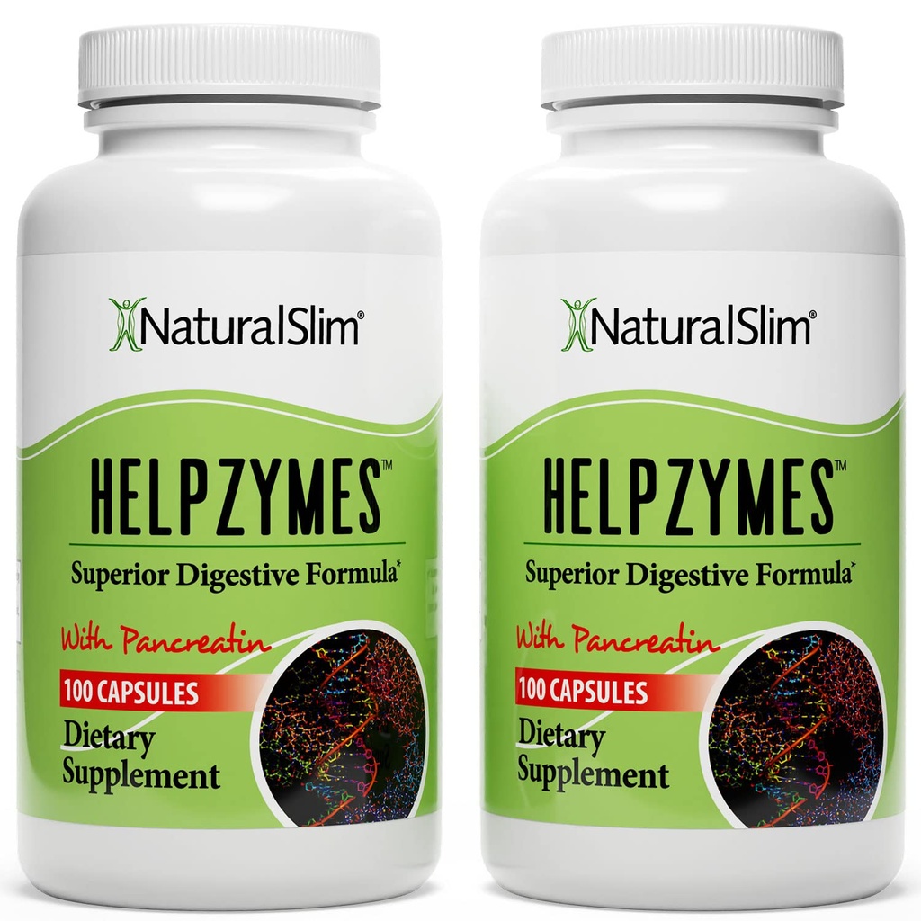 NaturalSlim Helpzymes, Complexe enzymatique pour adultes avec Bromelain, Bile d'Ox, Pancréatine & Betaine HCL,100 Capsules, 2 Pack