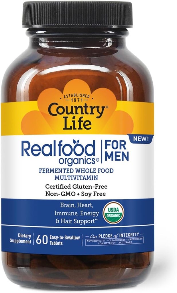 Country Life RealFood Organics for Men – 60 Tabletten | 1.300mg Bio-Fermented Whole Foods, 7-Mushroom Superfood & Aloe – Certified Gluten-Free, Vegan & USDA Organic Multivitamin