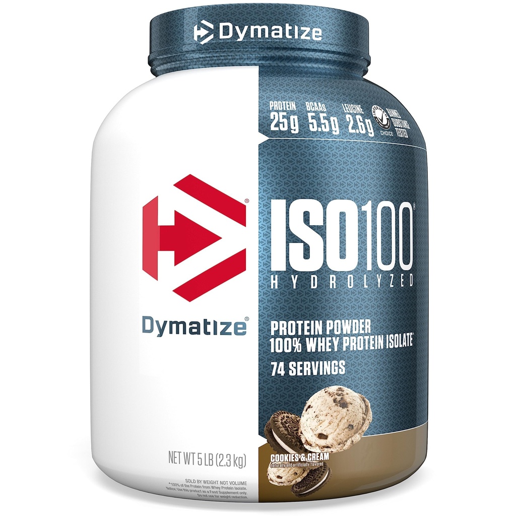 Dymatize ISO100 Whey Protein Pulver Isolieren, Cookies & Creme, 25g Protein, 5 Pfund, 5.5g BCAAs, Weniger als 120 Cal., Glutenfrei, 1g Fett, 1g Zucker, 2g Carb (74 Servierungen)
