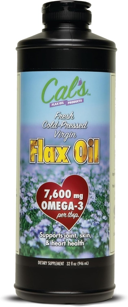 Cal's Flax Öl, kalt gepresstes Flax Saatgut, hoch in Omega 3 Fettsäuren, unverarbeitetes Flax Seed Oil, reines Flax Seed Öl Liquid Supplement für Gelenk, Haut und Herzgesundheit Unterstützung - 32 oz