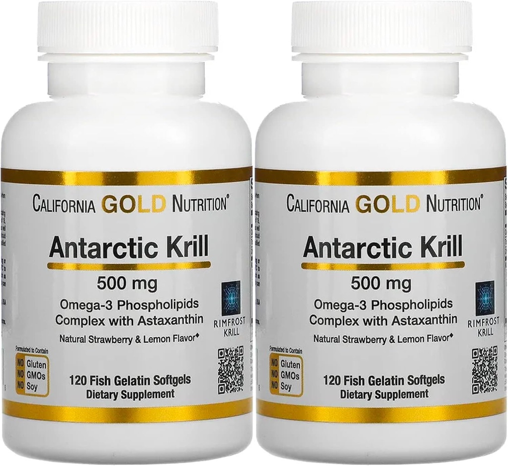 California Gold Nutrition Antarktis Krill Öl, Ultra-High Omega-3 mit Astaxanthin, Natürliche Erdbeere & Zitronen Geschmack, Non GMO, Glutenfrei, 500 mg, 120 Fish Gelatin Softgels, 2 Pack
