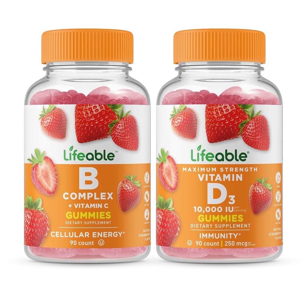 Complexe B vital + vitamine D 10000 UI, Gummies Bundle - Grande dégustation, supplément de vitamine, sans gluten, sans OGM, à croquer