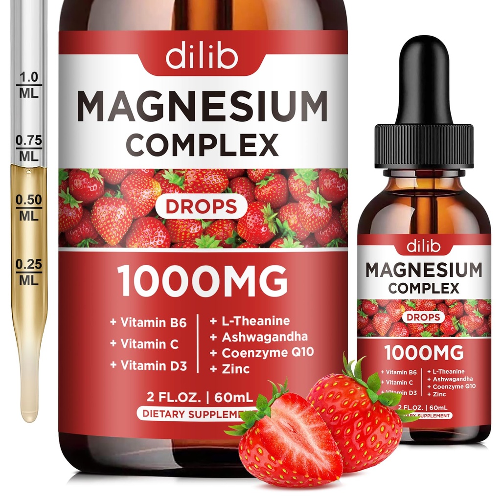 Triple Magnesium Complex Supplement, Magnesium Glycinat, Mischung, Citrat Flüssigkeitstropfen 1000mg mit Ashwagandha, CoQ10, Vitamin B6, C, D, Zink -Unterstützung Calm Stress Relief, Knochen, Muskel, Mood Vegan