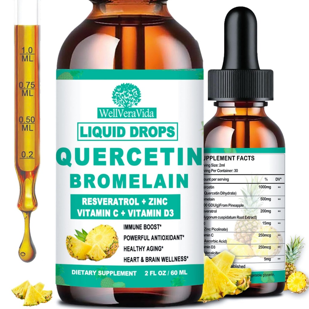 Quercetin mit Bromelain Liquid Drops, 4X Stronger Than Capsules & Pills, 7-in-1 Organische Zink Quercetin 1000mg mit Bromelain 500mg Vitamin C D3 Immununterstützung für respiratorische Gesundheit & Antioxidans
