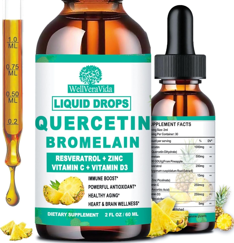 Quercetin mit Bromelain Liquid Drops, 4X Stronger Than Capsules & Pills, 7-in-1 Organische Zink Quercetin 1000mg mit Bromelain 500mg Vitamin C D3 Immununterstützung für respiratorische Gesundheit & Antioxidans