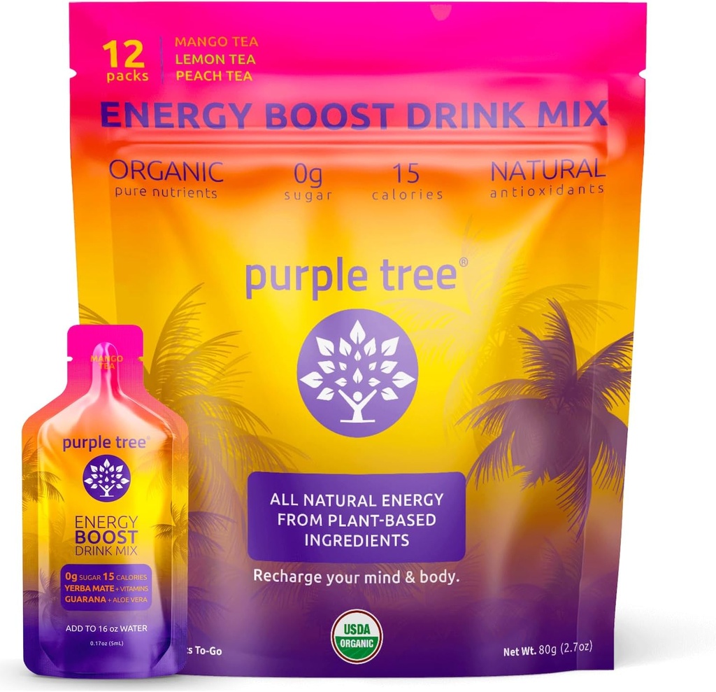 arbre pourpre Bâton d'énergie biologique Packets – Zéro sucre, 80 mg de caféine naturelle de Yerba Mate & Guarana, avec des vitamines B12 pour une énergie lisse et sans crash – Lemon Iced Tea Flavor, 12 to-Go Packs