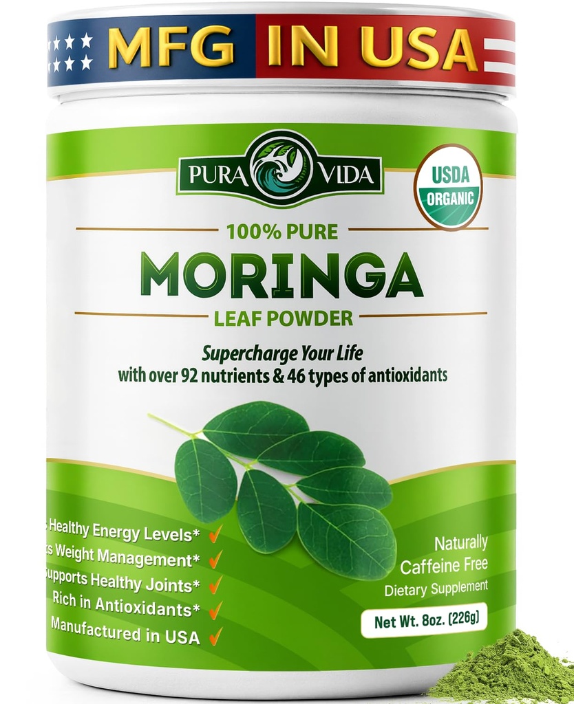 PURA VIDA MORINGA Powder Organic Single Origin - Premium 100% Blatt Pulver, USDA Organic Moringa Oleifera, Moringa Blatt Pulver - Perfekt für Glatteien & Rezepte. 8 Unze.