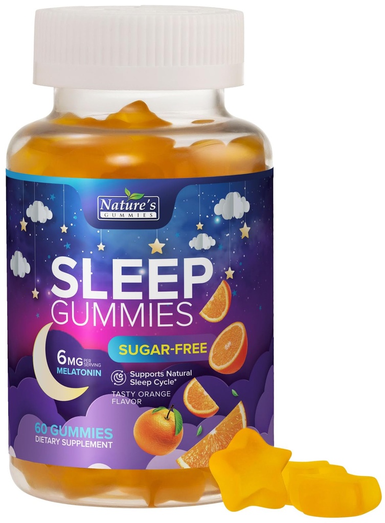 Schlafgummis Supplement 6mg - Zuckerfrei Melatonin Gummy für Erwachsene, Natürliche Null Zucker Schlaf-Gummy für Erwachsene, Kinder, Orange Flavored, Vegan, extra Stärke Schlaf Vitamin-Unterstützung - 60 Gummie