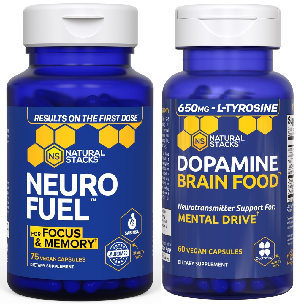 STACKS NATURAUX NeuroFuel Nootropic + Dopamine Brain Food Bundle - Supporte Mémoire, Motivation et Focus* - 135 Capsules totales