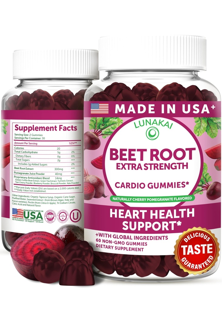 Lunakai USA Made Beet Root Gummis mit Antioxidant Blend - Delicious Non-GMO Beet Chews, 60ct