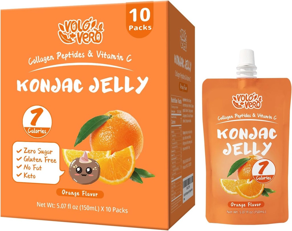 Konjac Jelly Pouch Trinkbare Orange Flavor, Niedrige Kalorien (7 Kcal), 10 Packungen, Glutenfrei, Keto, Sugar Free, Low Carb, Vitamin C Gesunde Frucht Snacks, Holiday Gift