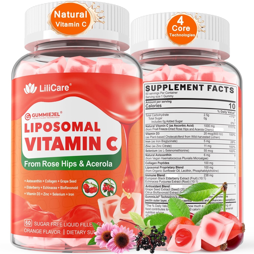Natürliches liposomales Vitamin C 1000mg Gummis für Erwachsene & Kinder 9+, Kaubares Vitamin C w / 11mg Zink, D3, Holunderbeere, Echinacea, , Bioflavonoid, Immununterstützung, Whole Food VIT C von Früchten, Zuckerfrei