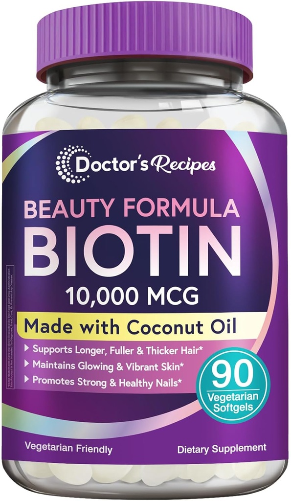 Arzt Rezepte Biotin 10.000 mcg, Haarwachstum, Gesunde Haut & Nägel, Energie Metabolismus, Vegetarisch-Friendly Biotin, mit Kokosöl, Non-GMO, 3 Monat Versorgung, 90 Vegetarische Softgels