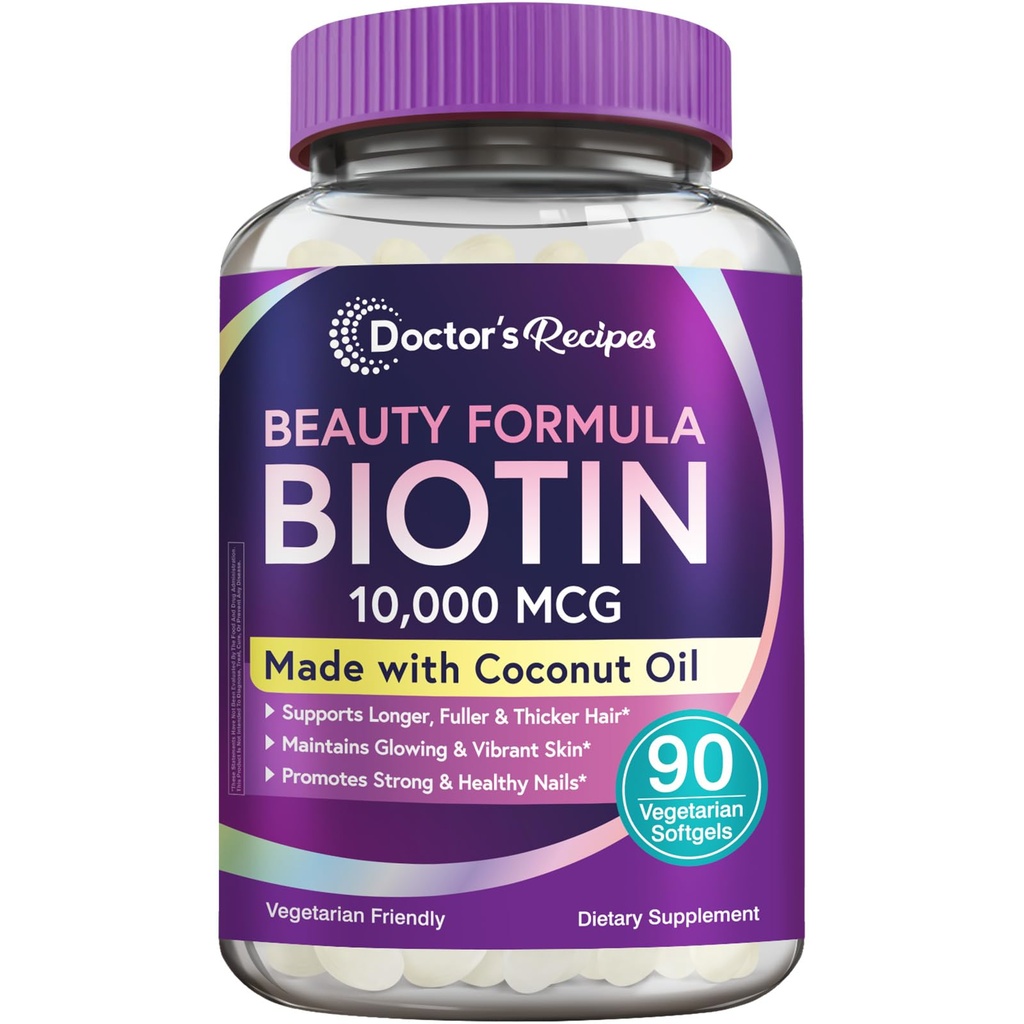 Recettes du médecin Biotine 10 000 mcg, Croissance des cheveux, Peau et ongles sains, Métabolisme énergétique, Biotine végétarienne amie, avec huile de coco, non-OGM, approvisionnement de 3 mois, 90 softgels végétariens