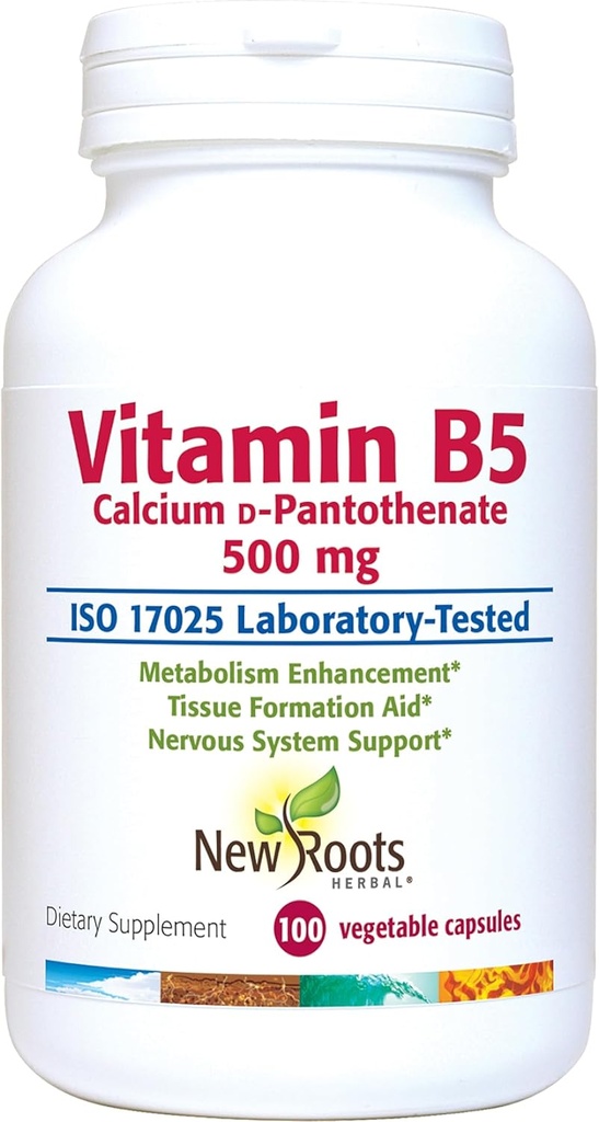 NEW ROOTS HERBAL Vitamin B5 (500mg) with Calcium | Vitamin B5 Pantothenic Acid Supplement (100 Capsules)