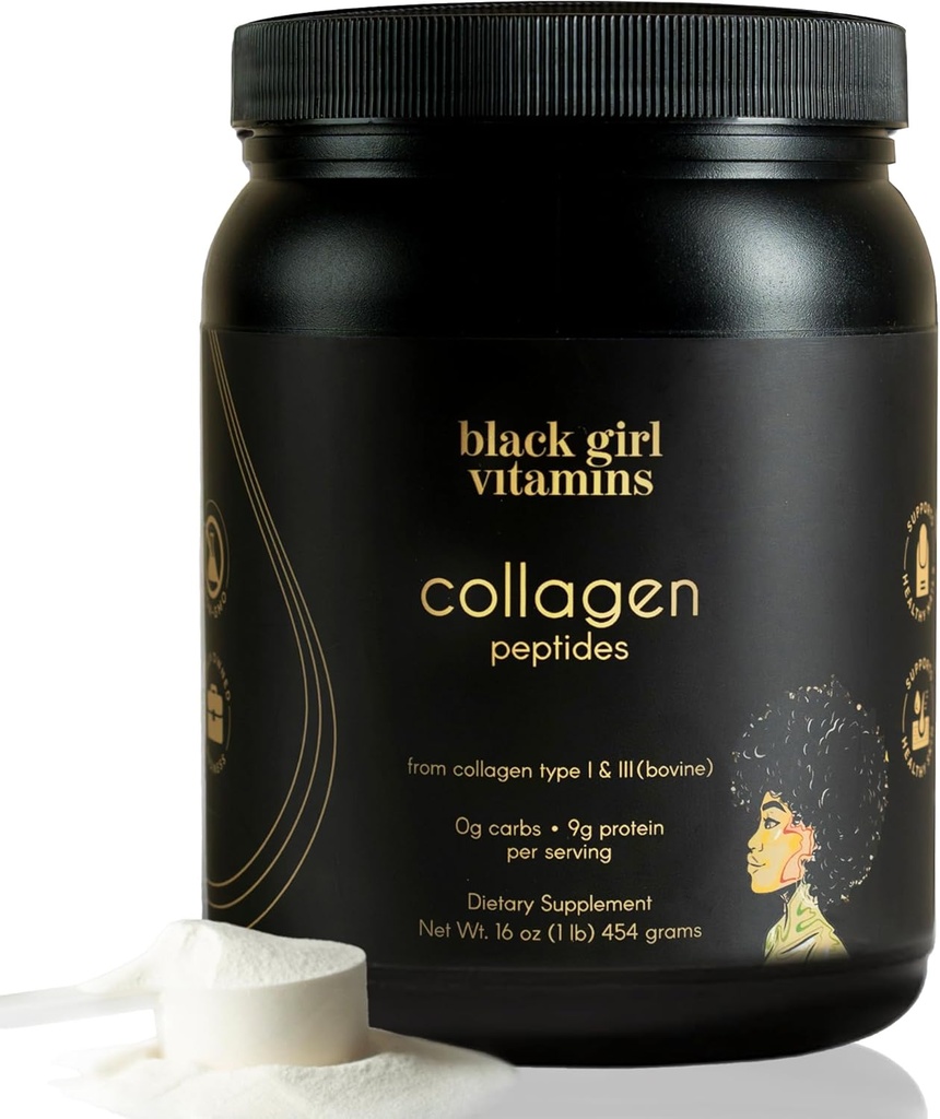 Schwarzes Mädchen Vitamine | Collagen Peptide Powder - Kollagen für Haut, Haar & Nägel - Unvorteiltes hydrolysiertes Kollagenpulver, Dairy-Free, Glutenfreies Kollagen für Frauen und Männer - 16oz