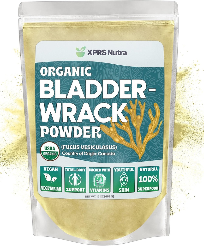 XPRS Nutra Organic Bladderwrack Powder (Fucus Vesiculosus) - Premium Bladderwrack Organic Powder for Glowing Skin - Vegan Friendly Bladderwrack Herb Iodine Supplement (16 Unze)