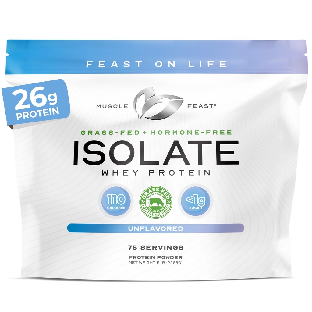 Pâture sans hormones naturelle élevée, poudre de protéines isolate de lactosérum pour les hommes et les femmes, propre, sans OGM et sans gluten, protéine isolée - non aromatisée, 5lb