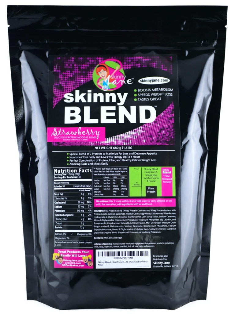 Mélange de skinny – Poudre de agitateur de protéines de lactosérum pour les femmes – Faible teneur en glucides, substitut de repas sympathique aux kéto – Satisfies Faim & Boosts Énergie – Fraise crémeuse – 30 Shakes