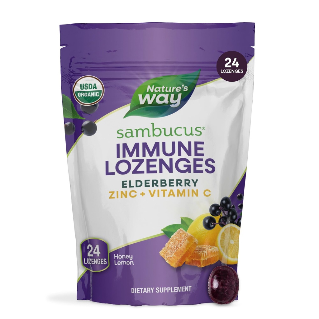 Nature's Way Sambucus Zinc Lozenges mit Elderberry und Vitamin C, Honey Lemon Flavor, 24 Lozenges