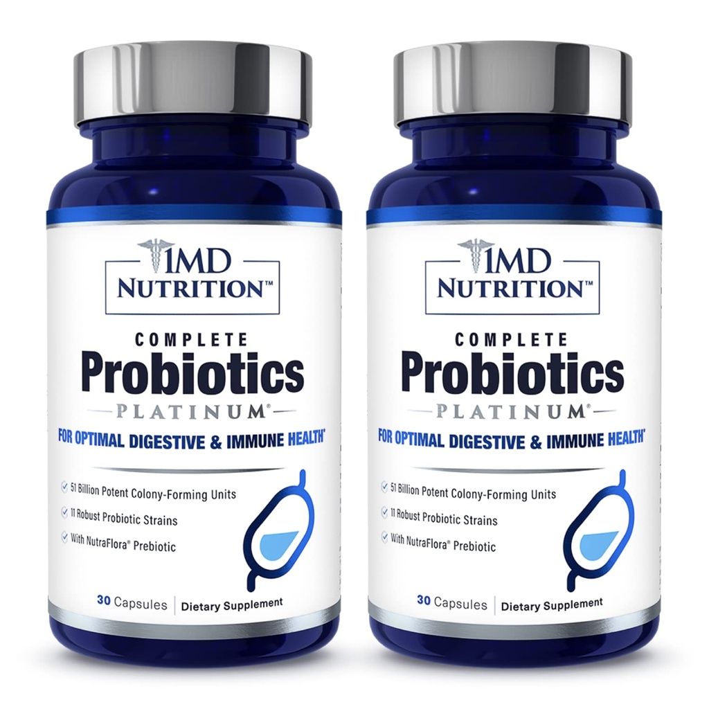 1MD Complete Probiotics Platinum | Unterstützt Verdauungsgesundheit | mit Nourishing Prebiotics, 51 Billion Live CFU, 11 Strains, Dairy-Free | 30 Gemüsekapseln (2-Pack)