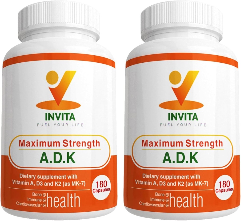 INVITA ADK - Vitamine A1, Vitamin D3 5000 IU & K2 MK7 Supplement - Physician Formulated Bone & Immun System Support - Glutenfrei, Non-GMO - 180 Vegetarische Kapseln für Herren & Frauen