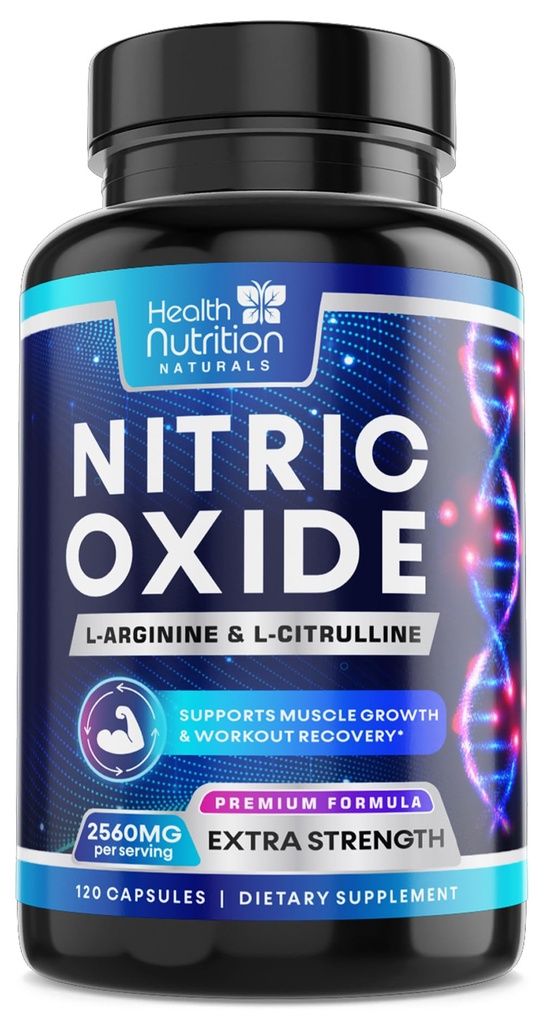 Booster à Oxyde Nitrique 2560mg - Supplément Extra Strength L Arginine & Citrulline pour les hommes et les femmes - Booster Nitrique de soutien musculaire premium - Soutien à l'énergie naturelle et à la santé cardiaque - 120 Capsules