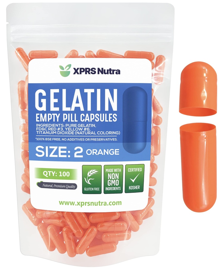 XPRS Nutra Taille 2 Capsules vides - 100 Compte Capsules de gélatine vides - Pills Bricolage Capsule Remplissage - Pure Pilule Gel Caps pour Do-It-Youlf Suppléments (Orange)