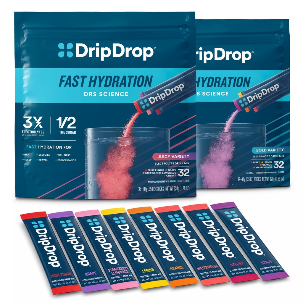 DripDrop Hydratation - Paquets de poudre d'électrolyte - pastèque, baie, citron, orange, punch de fruits, raisin, citronnade de fraise, cerise - 64 Compte