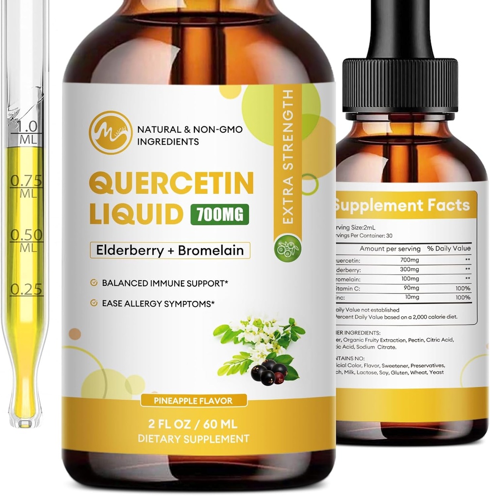 (2 Pack) Quercetin Flüssigkeitstropfen - Quercetin Ergänzungen 700mg - 4X Stärkere Pillen & Kapseln - 5 in 1 Quercetin mit Bromelain Elderberry Vitamin für Immunität Respiratory Wellness- 2 Fl Oz*2