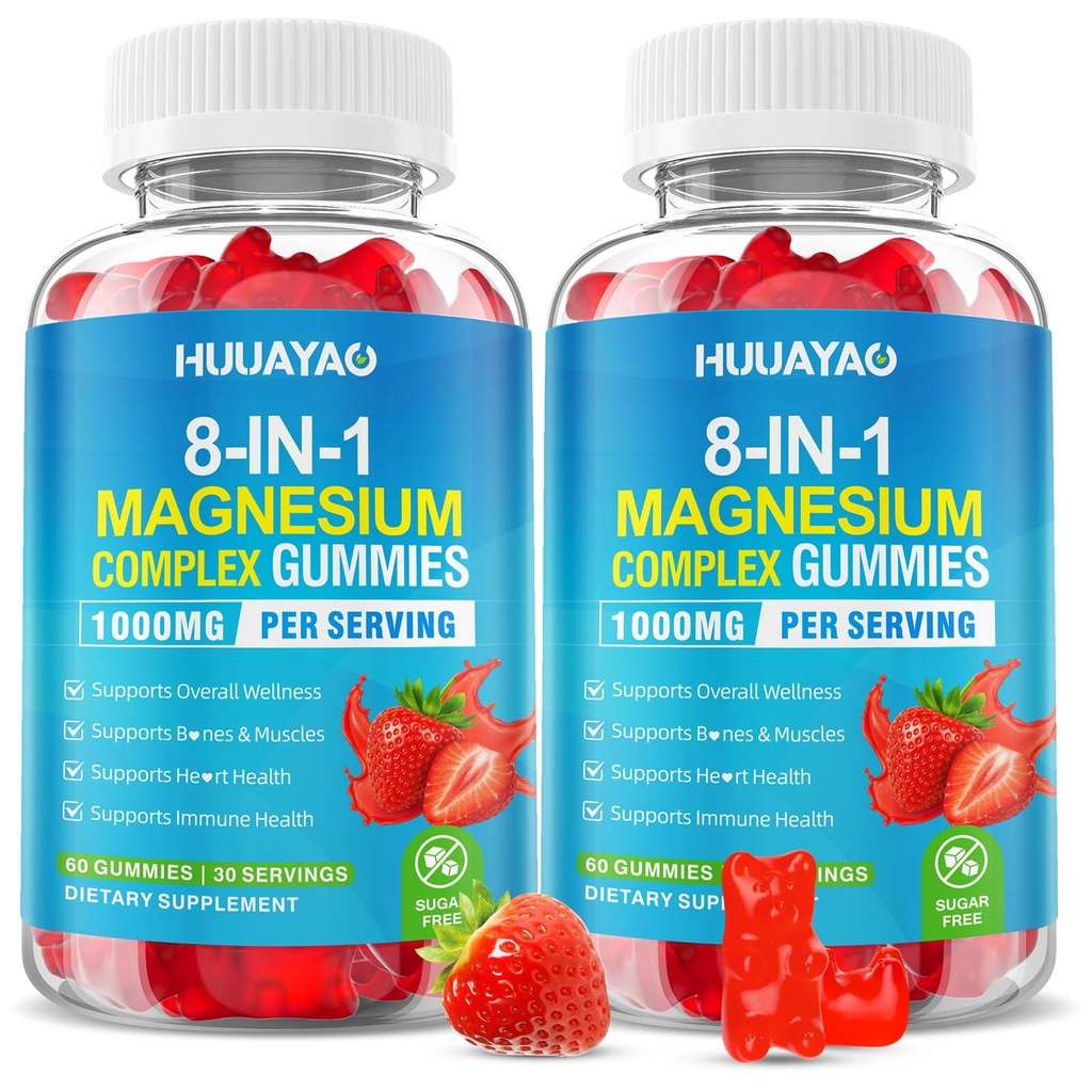 Magnesium Complex Gummies for Women Men 8 in 1, Magnesium Glycinate, Citrate, Malate, Taurate, Supports Bones, Muscle, Nerve Health, Sugar-Free, Vegan Non-GMO, Strawberry Flavor, 120 Count