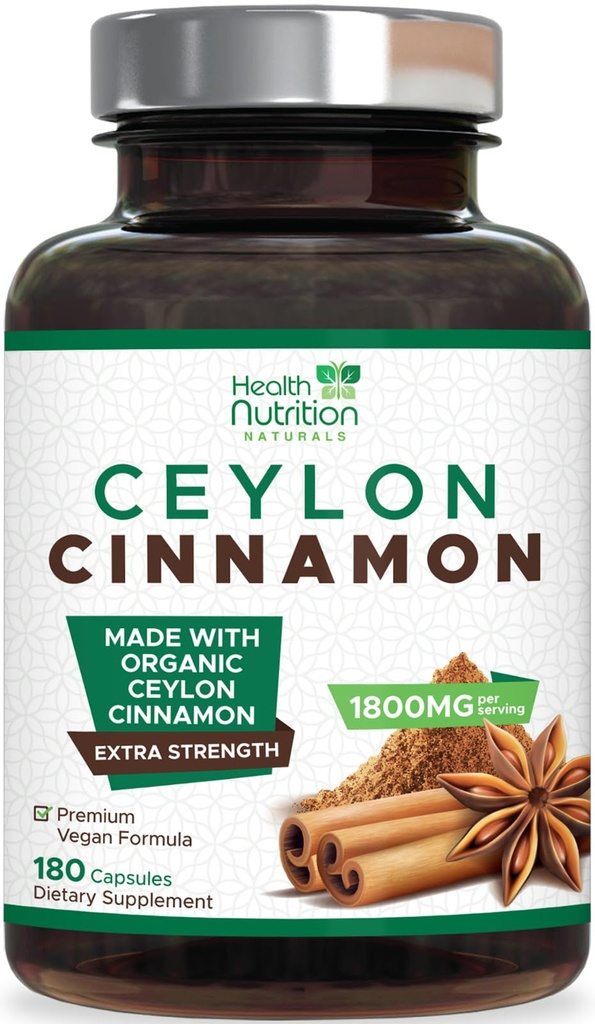 Ceylon Cinnamon Kapseln 1800mg - Certified Organic Ceylon Cinnamon Powder Supplement, Bottled in USA, Extra Strength Energy & Heart Support Pills, Non-GMO & Gluten Free, Sugar Free - 180 Kapseln