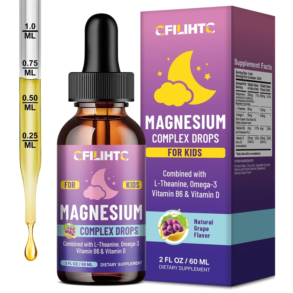 Kids Magnesium Liquid Drops-Magnesium Glycinate Liquid for Kids Supplement-w/L-theanine, Omega-3, Vitamin B6, D3 - for Sleep, Relaxation, Brain, Bones - Grape Flavor, 2 Fl Oz