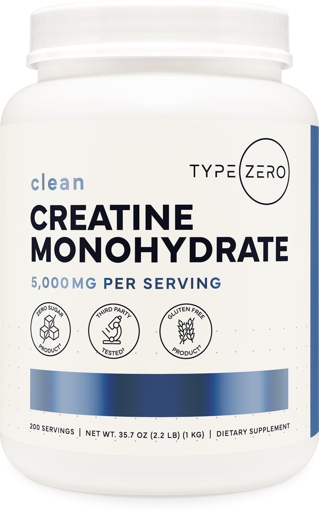 Type Zero Créatine Monohydrate (non aromatisé) 1 KG, 5000mg (5g) Par portion, Micronisé, Zero Sugar, Kéto Friendly & Gluten Free, 200 portions